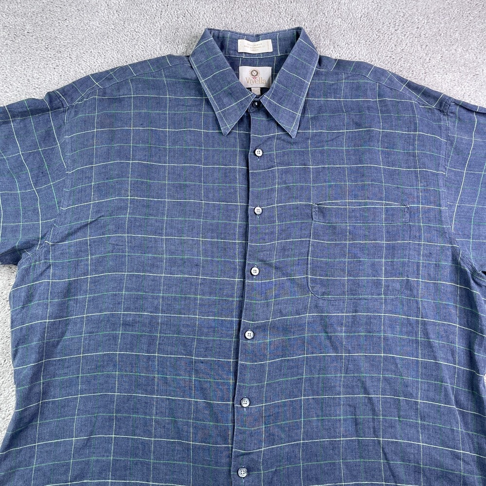 Vintage Viyella Shirt Mens XL‎ Grey Checkered Linen Short Sleeve Button Up